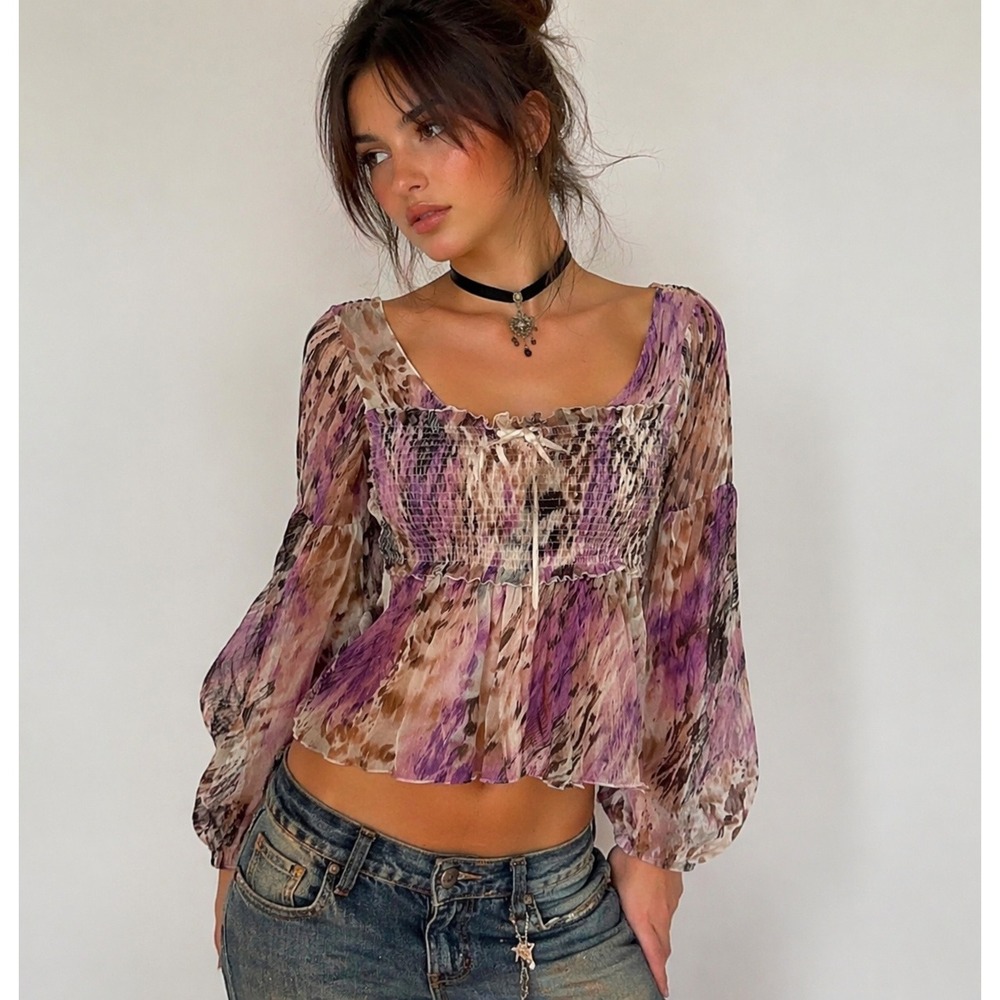 Y2K sz M Purple Animal Print Sheer Cottage Smocked Peasant Babydoll Top Boho